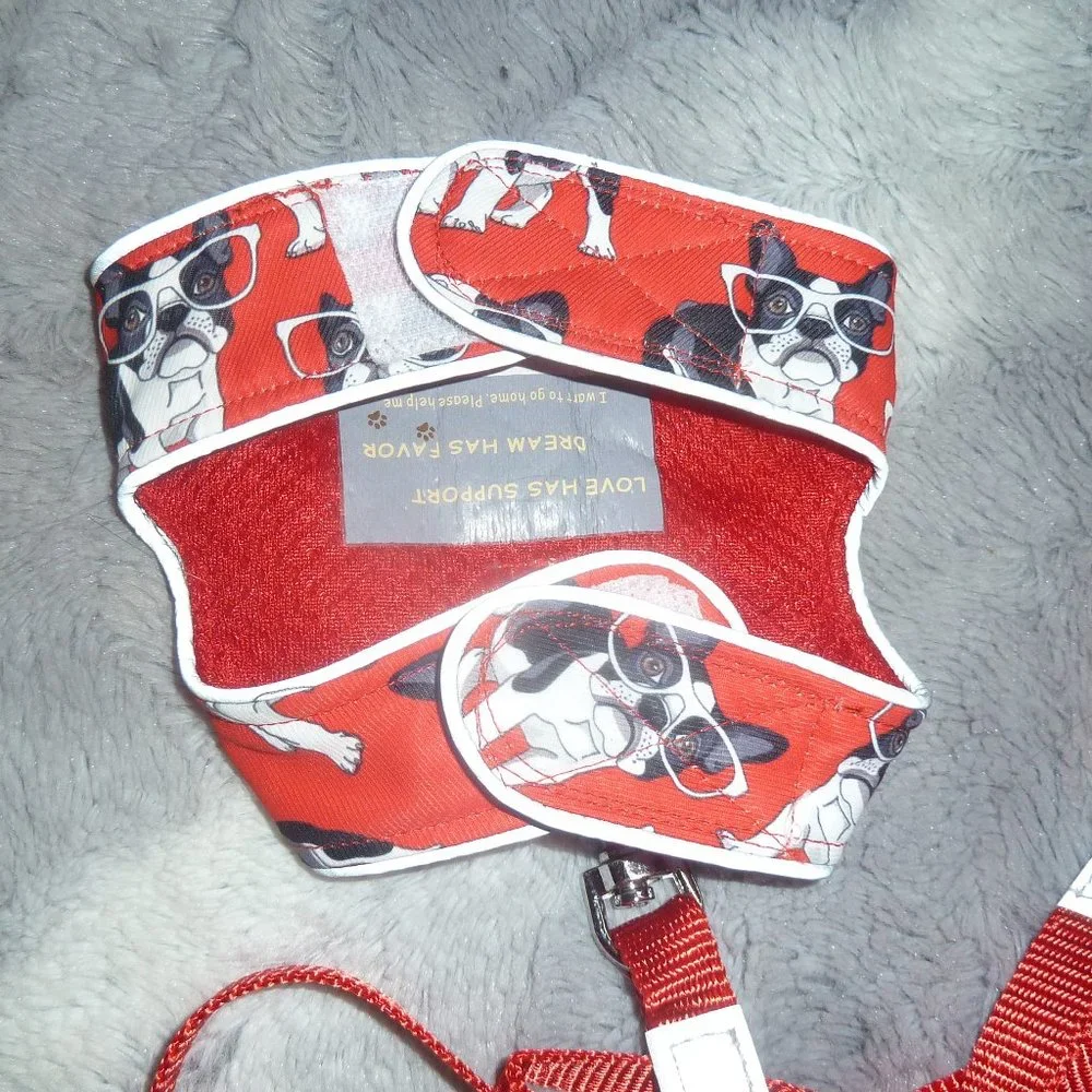 XS Dog or Cat Harness & Leash Set, Red with Black & White Dog Print, New